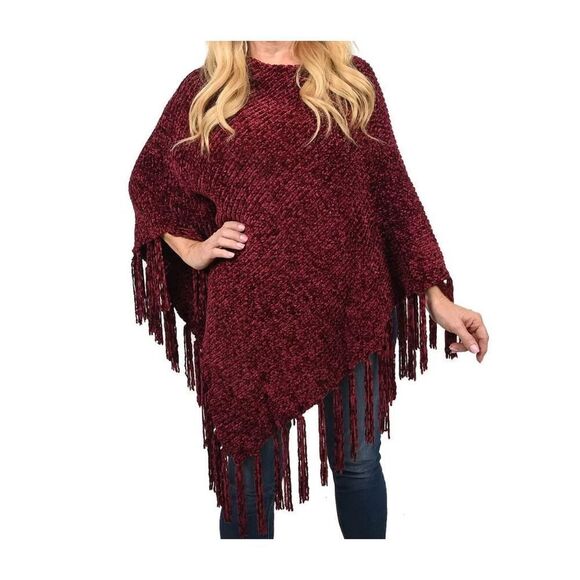 Burgundy knitted loose fit round neck fringe chenille poncho - Picture 1 of 4